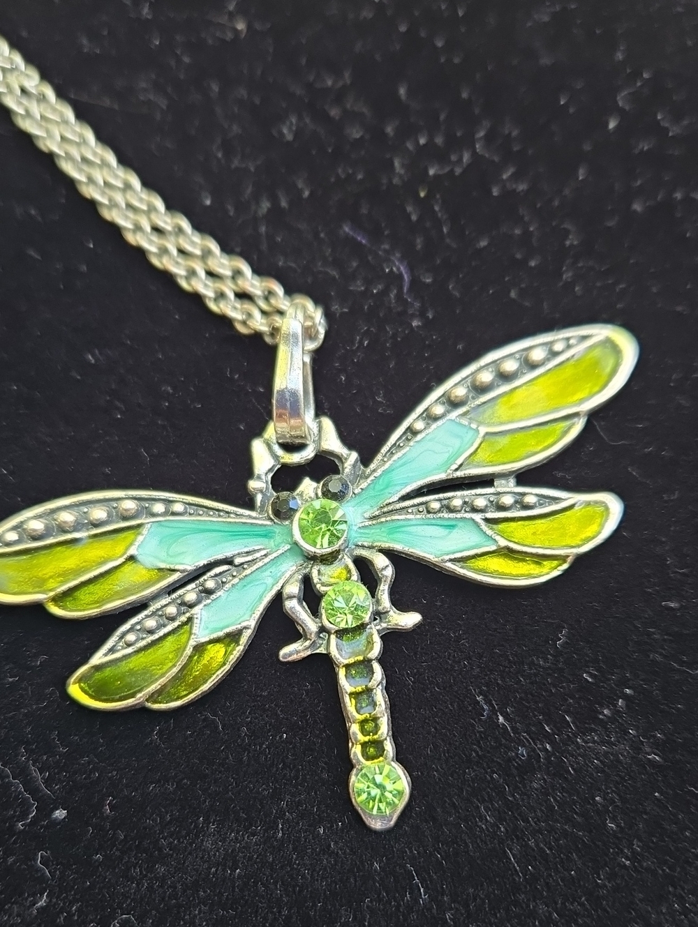 Silvertone Dragonfly Pendant Necklace with Green Enamel and Crystals